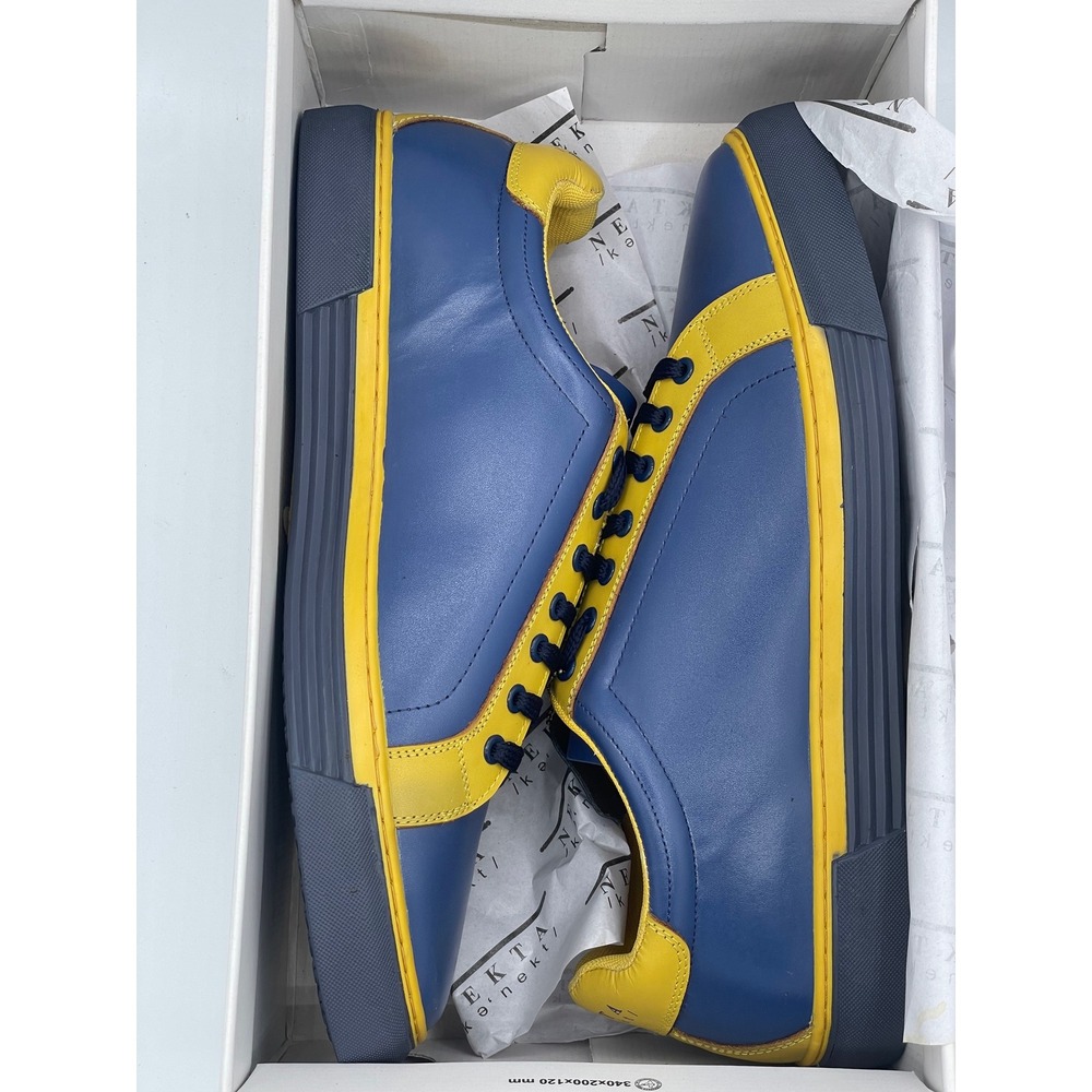 Nekta Genesis Mens Leather Sneakers Navy Yellow Low Top Lace Up Shoes Size 11 - Picture 7 of 8